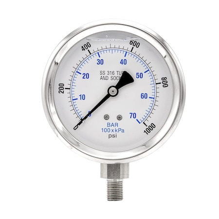 Pro 4 in Dial, 0/1000 PSI & Bar, 1/4 in NPT, Lower Mount Glycerin Filled Pressure Gauge PRO-301L-404M-01